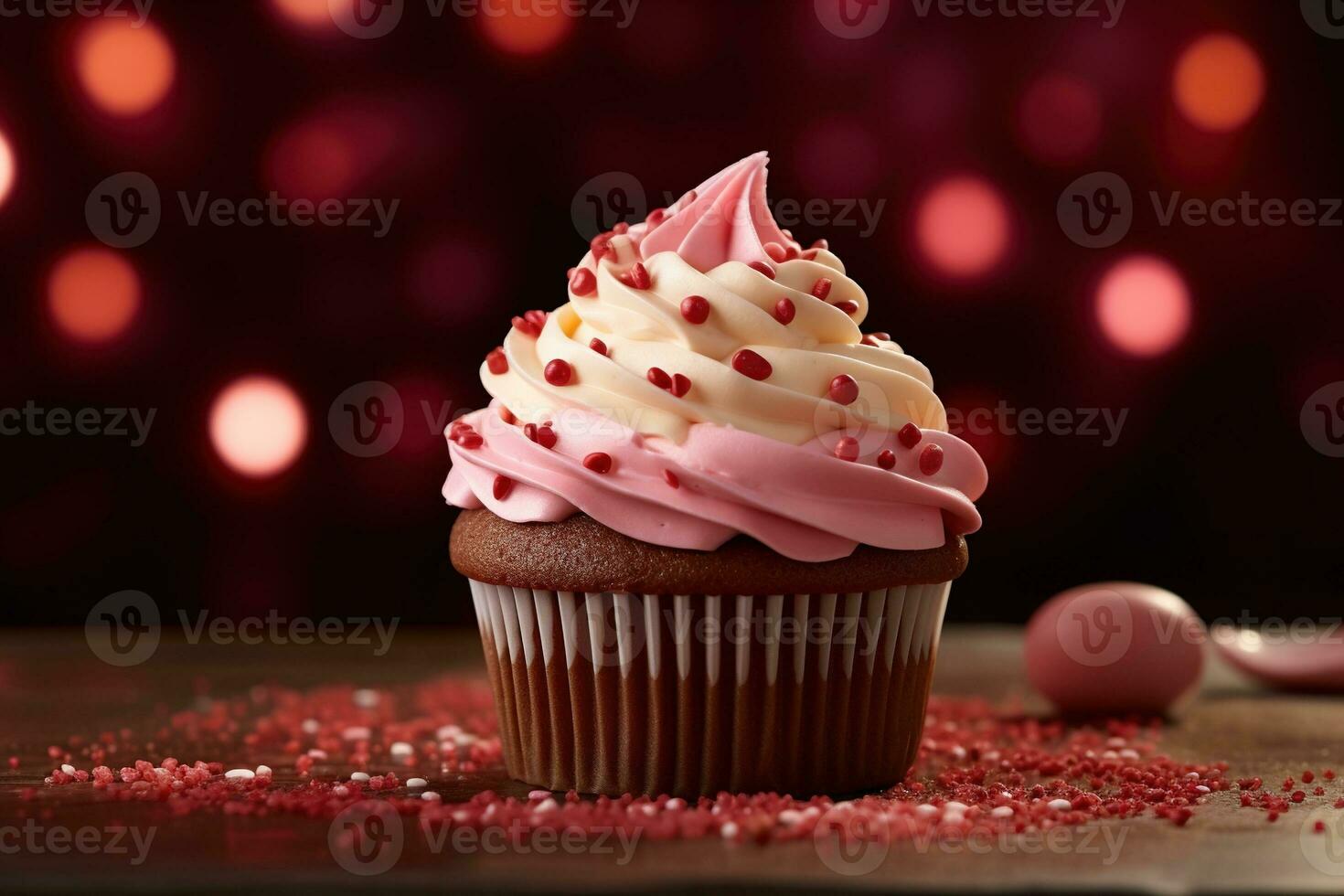 AI generated Valentine cupcake with heart-shaped sprinkles on red background photo