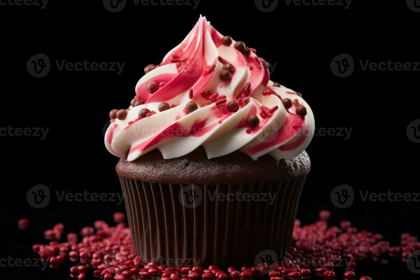 AI generated Valentine cupcake with heart-shaped sprinkles on red background photo