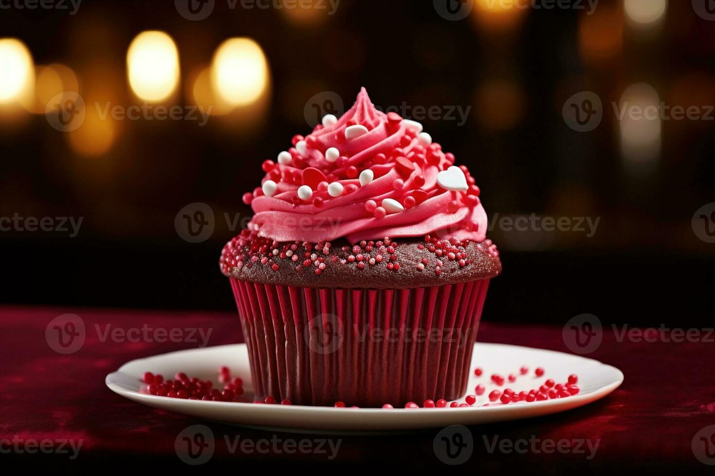 AI generated Valentine cupcake with heart-shaped sprinkles on red background photo