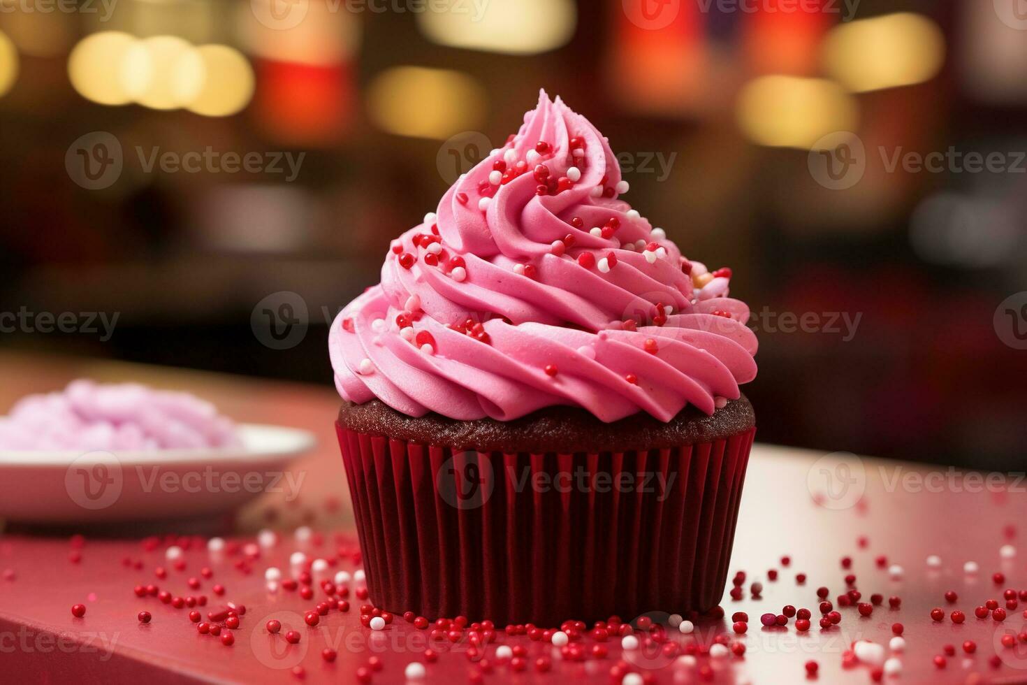 AI generated Valentine cupcake with heart-shaped sprinkles on red background photo