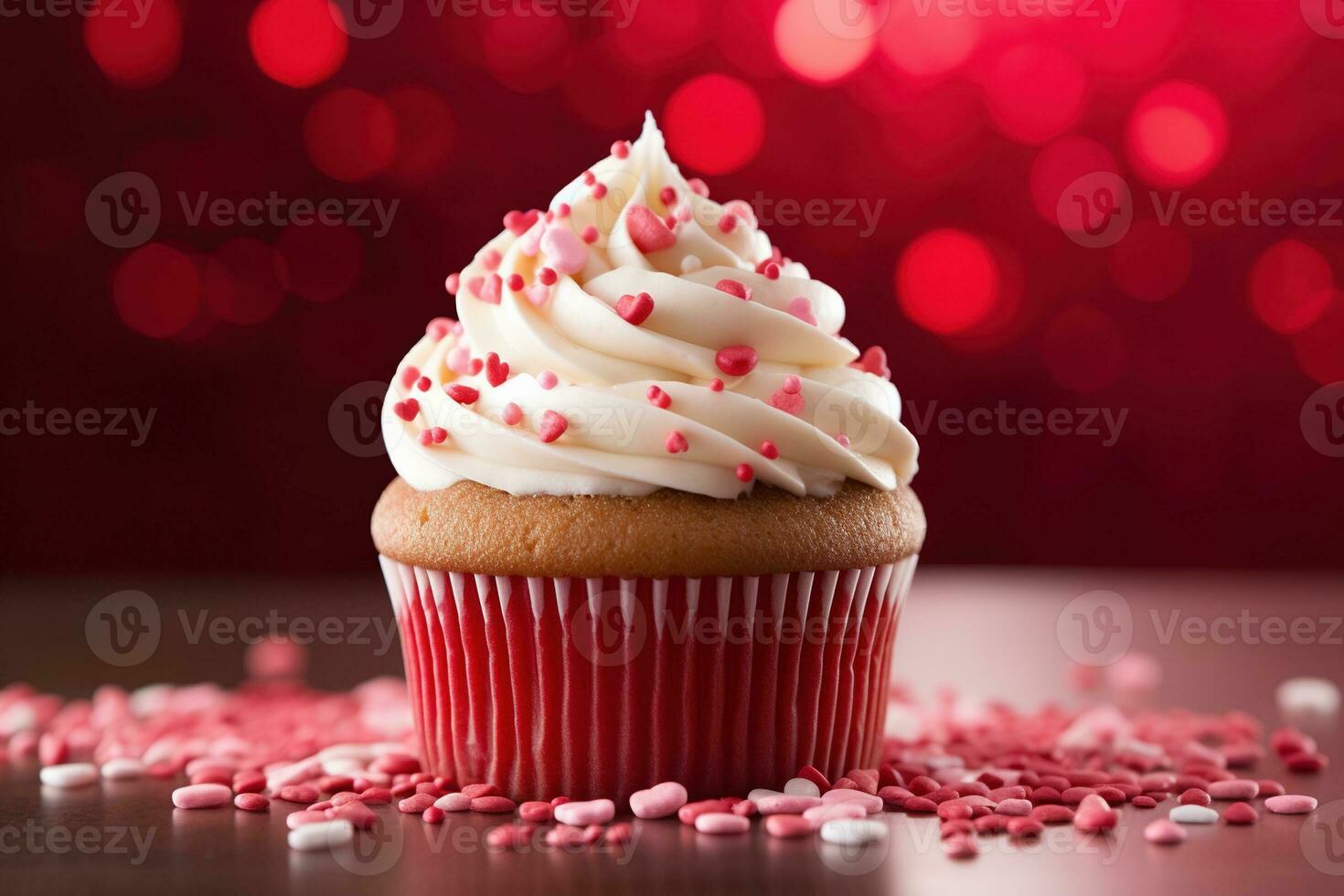 AI generated Valentine cupcake with heart-shaped sprinkles on red background photo