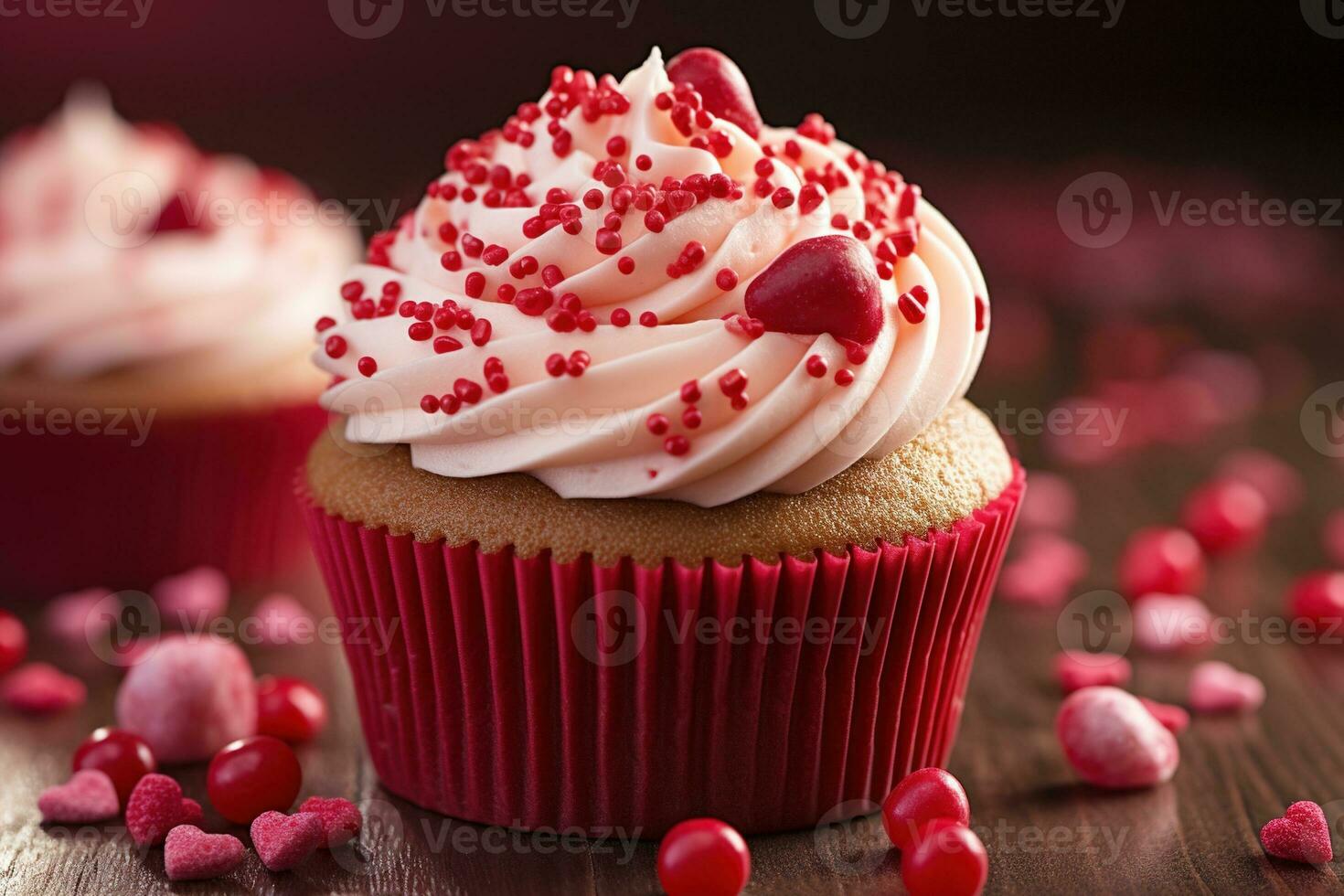 AI generated Valentine cupcake with heart-shaped sprinkles on red background photo