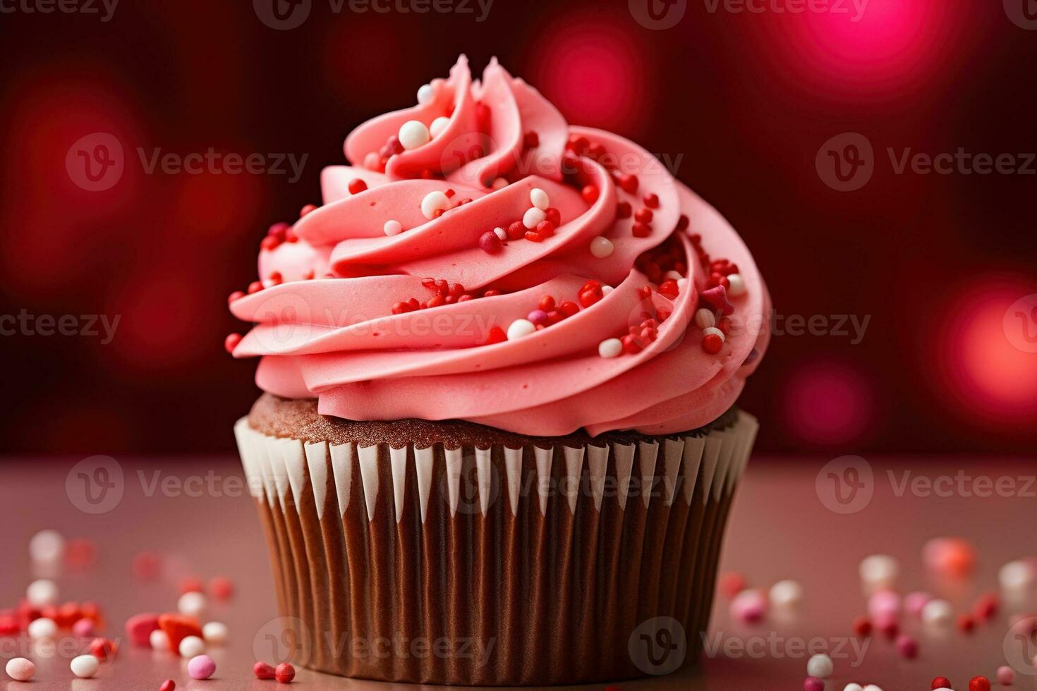 AI generated Valentine cupcake with heart-shaped sprinkles on red background photo