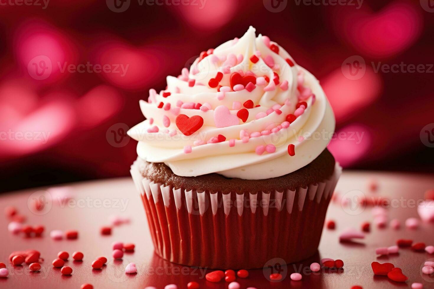 AI generated Valentine cupcake with heart-shaped sprinkles on red background photo