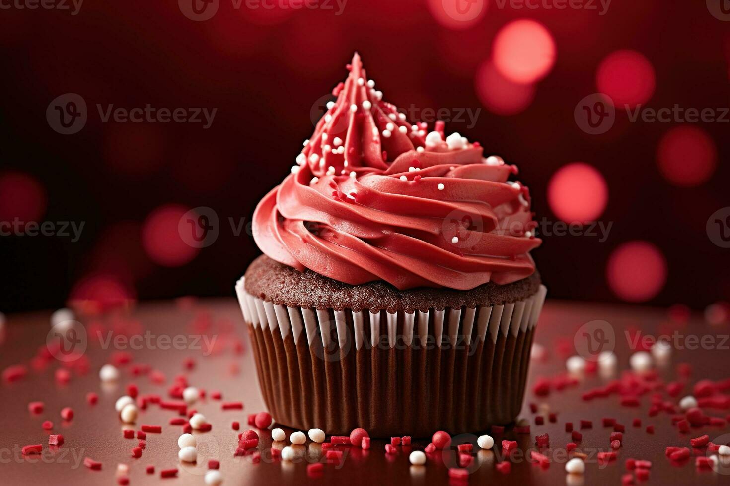 AI generated Valentine cupcake with heart-shaped sprinkles on red background photo