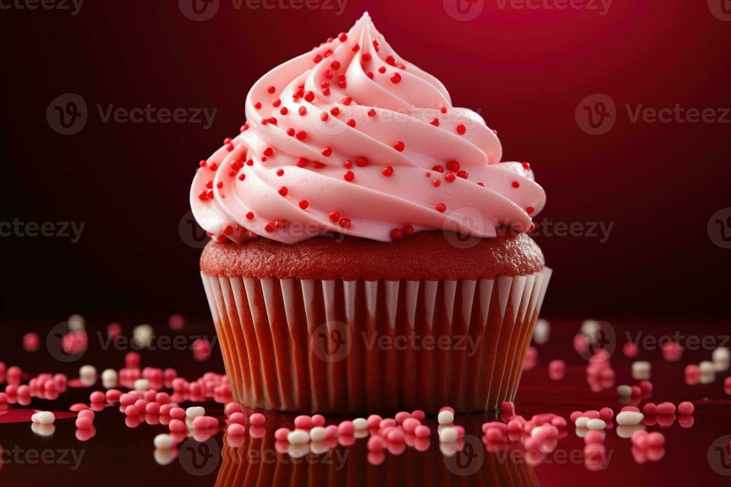 AI generated Valentine cupcake with heart-shaped sprinkles on red background photo