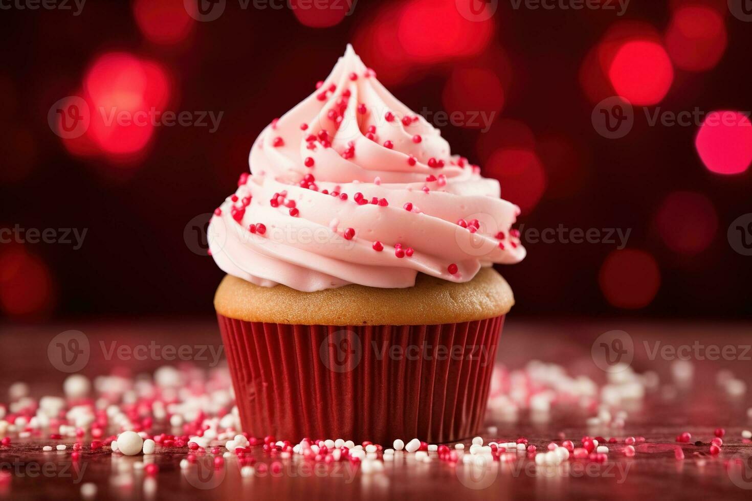 AI generated Valentine cupcake with heart-shaped sprinkles on red background photo