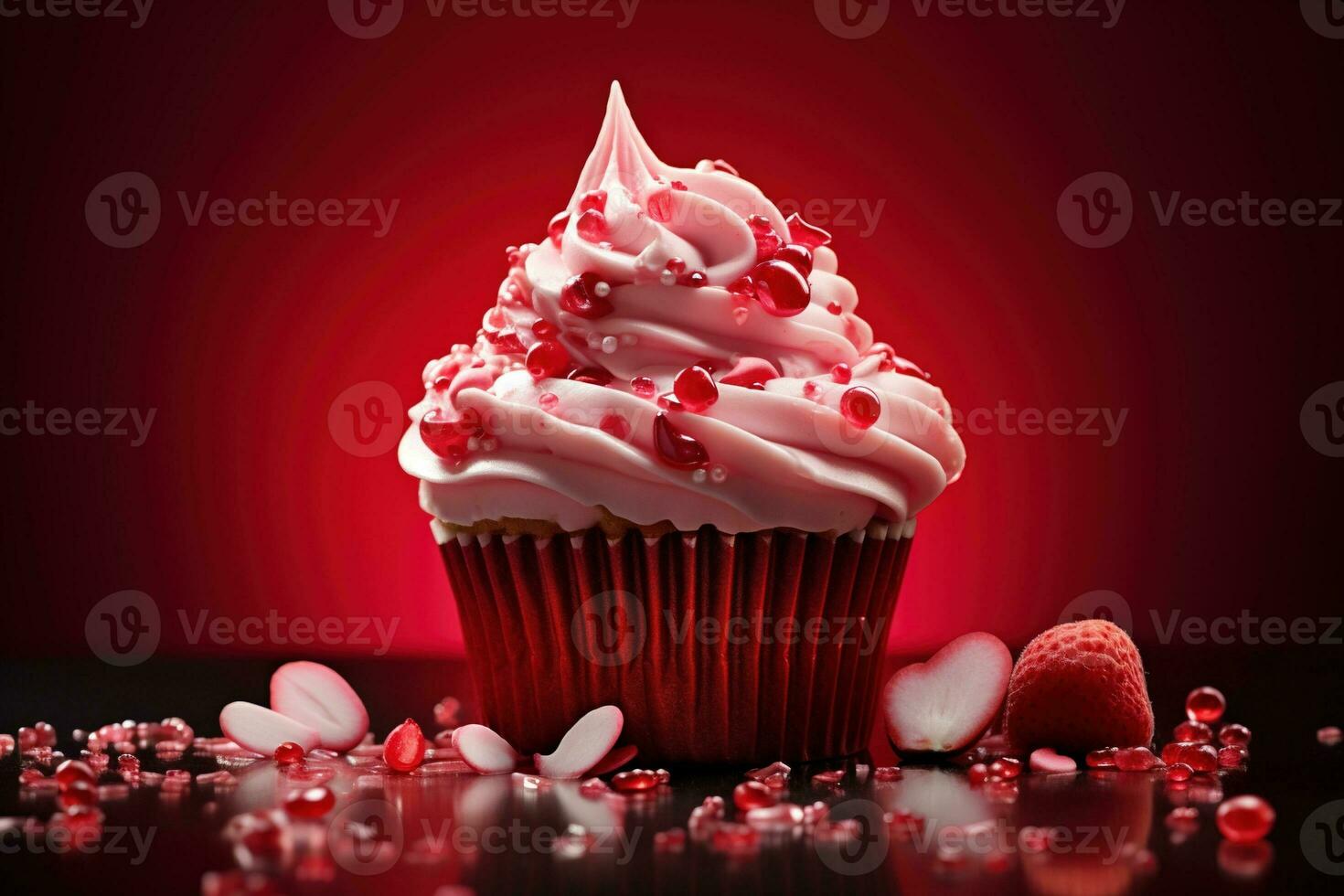 AI generated Valentine cupcake with heart-shaped sprinkles on red background photo