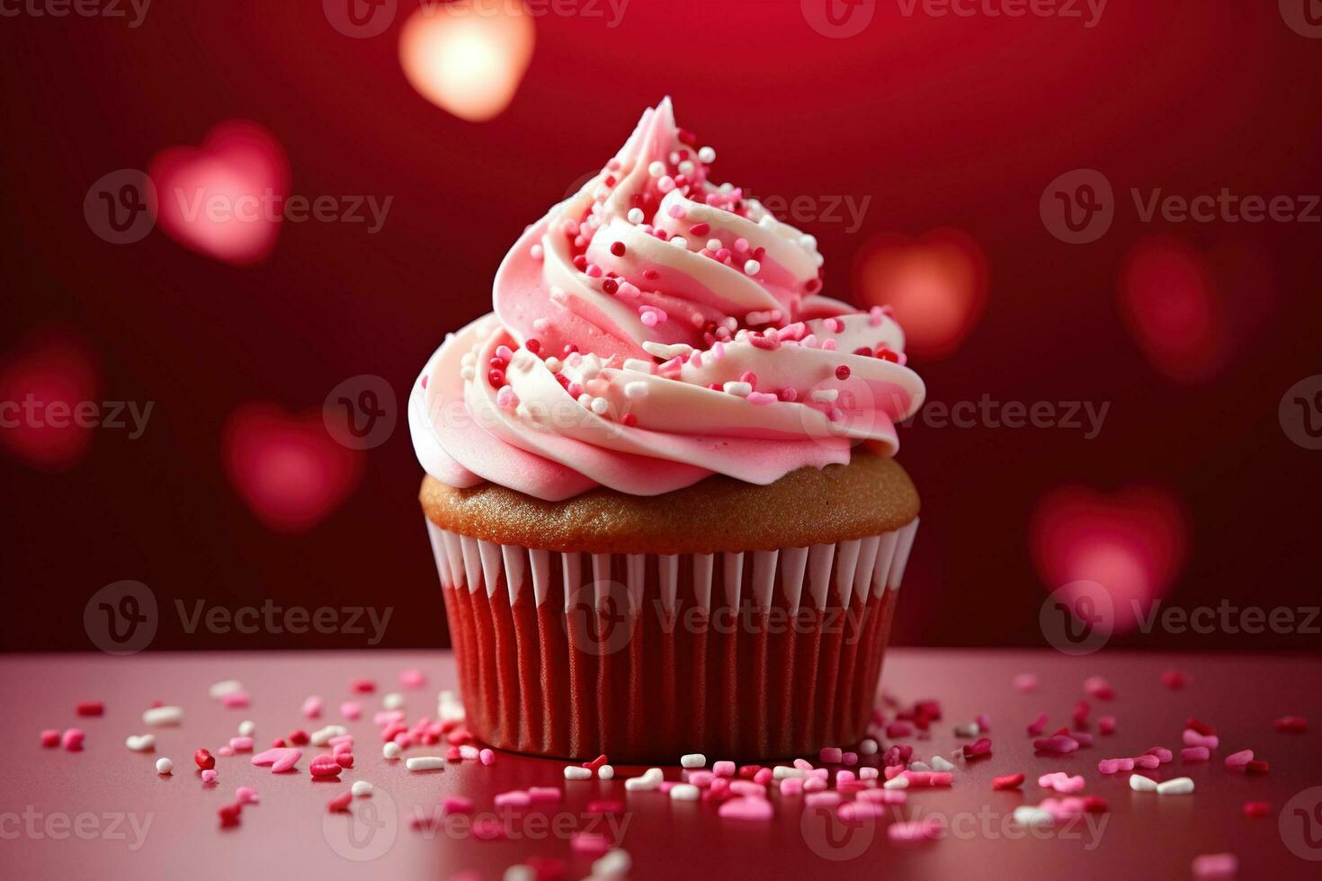 AI generated Valentine cupcake with heart-shaped sprinkles on red background photo