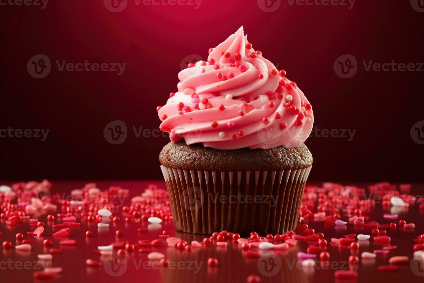 AI generated Valentine cupcake with heart-shaped sprinkles on red background photo