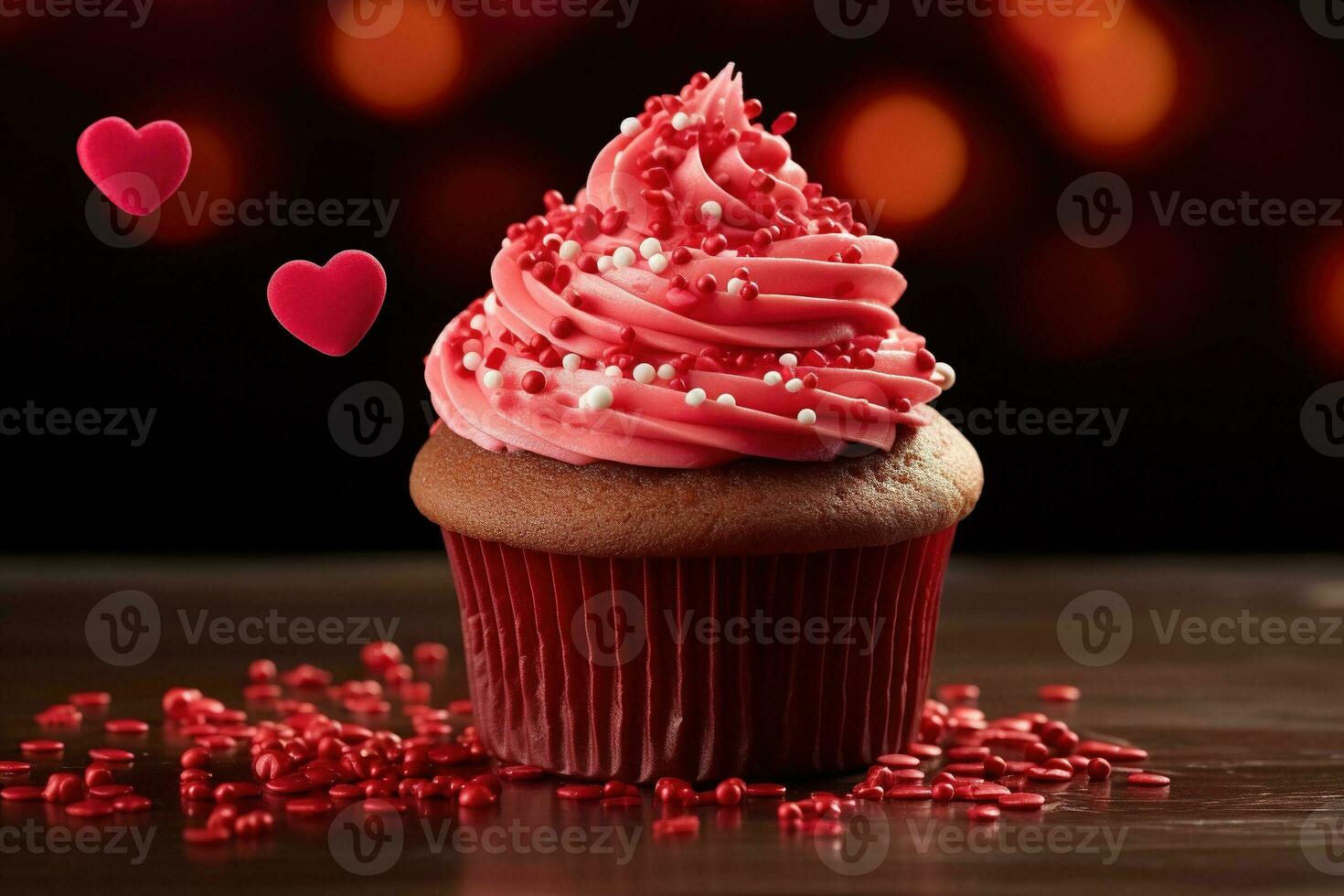 AI generated Valentine cupcake with heart-shaped sprinkles on red background photo