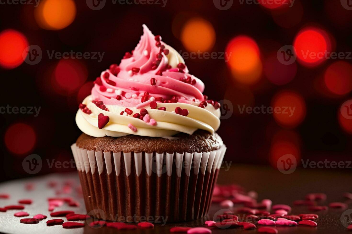 AI generated Valentine cupcake with heart-shaped sprinkles on red background photo