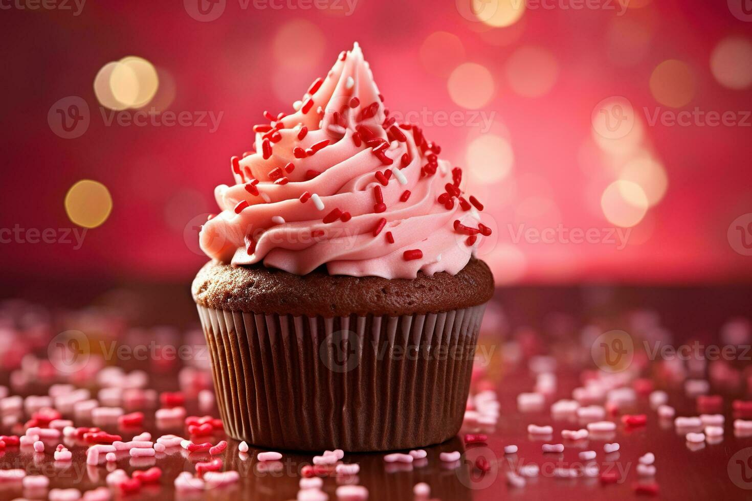 AI generated Valentine cupcake with heart-shaped sprinkles on red background photo