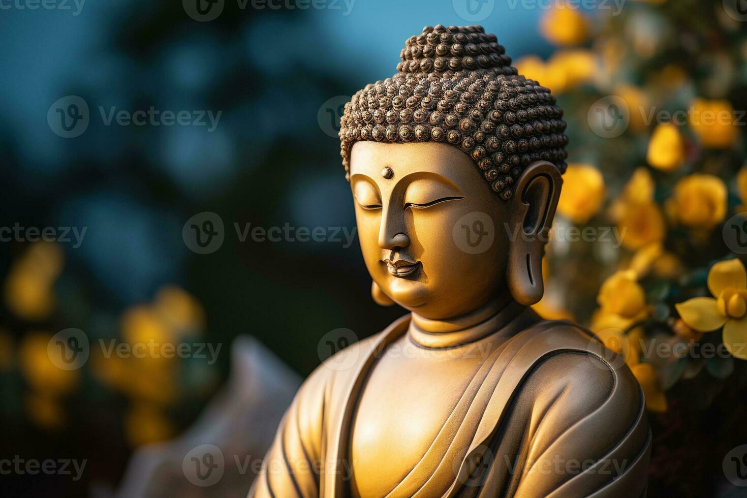 AI generated closeup of Buddha statue in buddhist temple photo