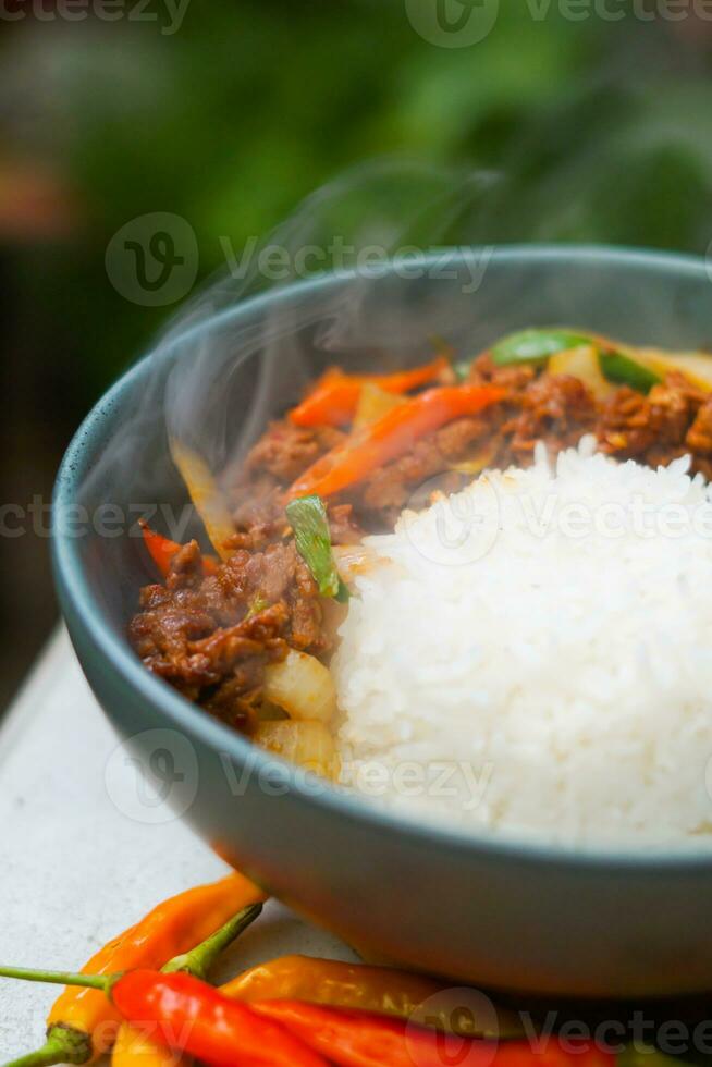 smoke beef with chili and rice photo