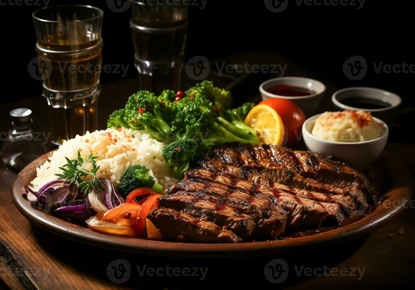 AI generated Elegant detail of wooden table with steak, salad, rice and pretty glasses of red wine. photo