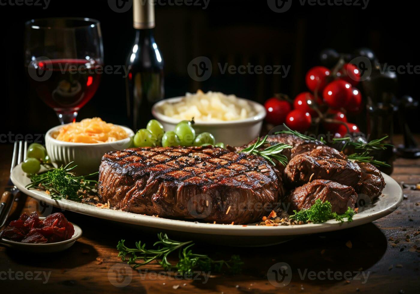 AI generated Elegant detail of wooden table with steak, salad, rice and pretty glasses of red wine. photo