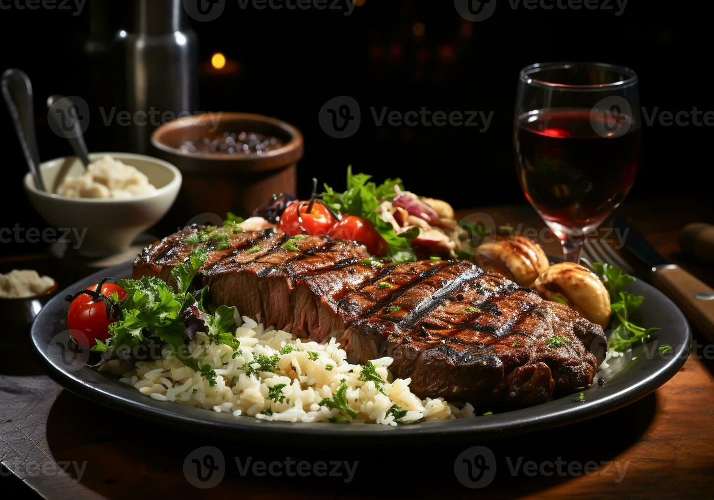 AI generated Elegant detail of wooden table with steak, salad, rice and pretty glasses of red wine. photo