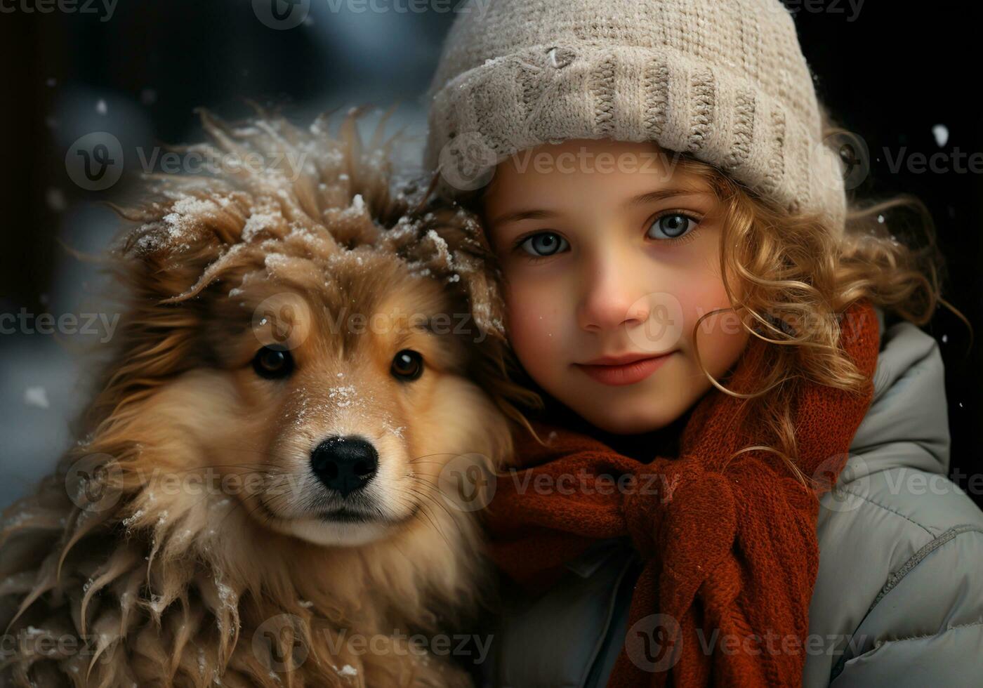 ai generado niño vestido calurosamente en de lana sombrero y bufanda, en el calle con nieve que cae y con un perrito en su regazo. invierno tiempo. foto