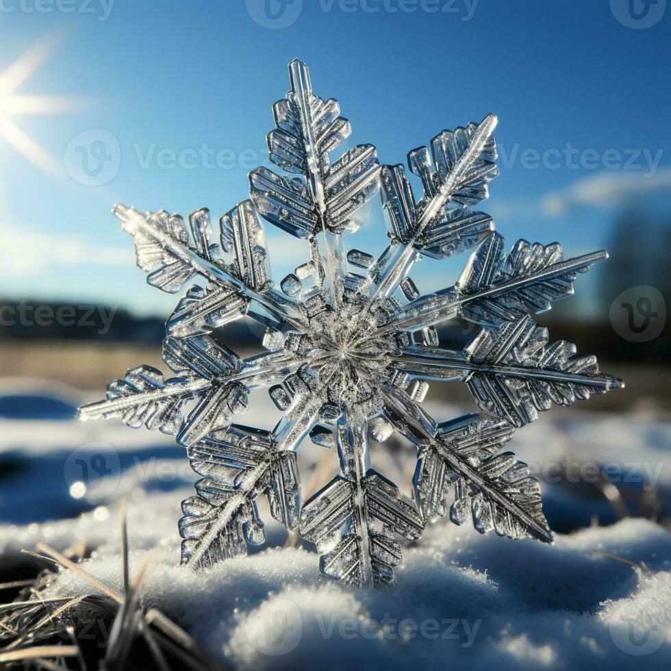 AI generated Snowflake landing on the icy ground. Christmas time photo