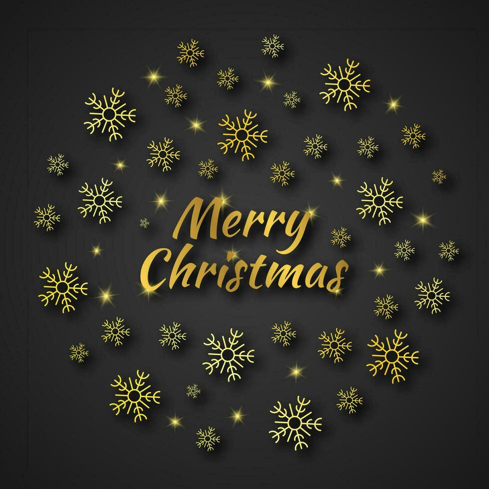 Navidad redondo bandera con oro copos de nieve y oscuridad en oscuro antecedentes y inscripción alegre Navidad. vector ilustración