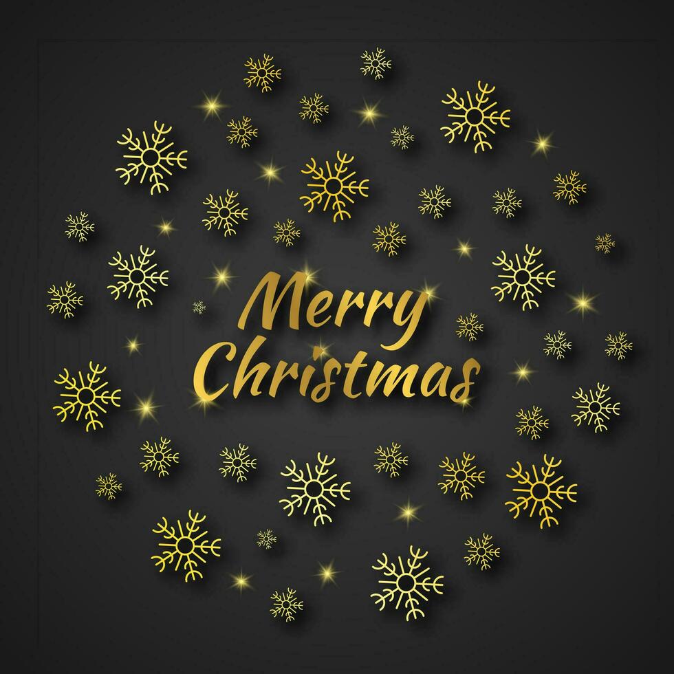 Christmas round banner with gold snowflakes and shadows on dark background and inscription Merry Christmas. Vector illustration