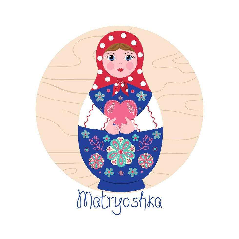 Wooden doll Matryoshka with a heart. Valentine's Day. Painted doll. vector