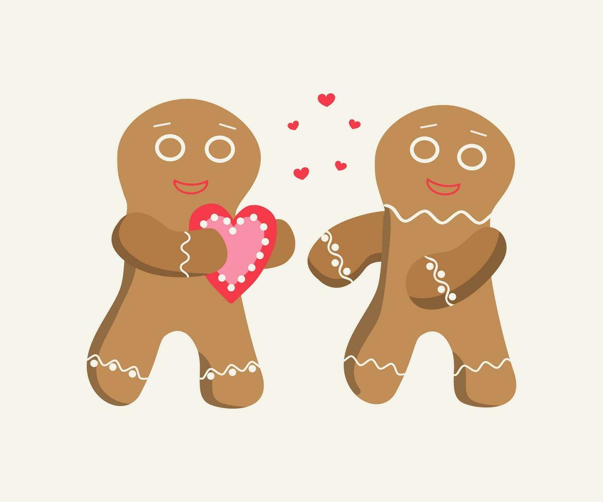 pan de jengibre hombres con corazón, Pareja de amantes, un tarjeta postal, felicitaciones corazón forma, amor. vector