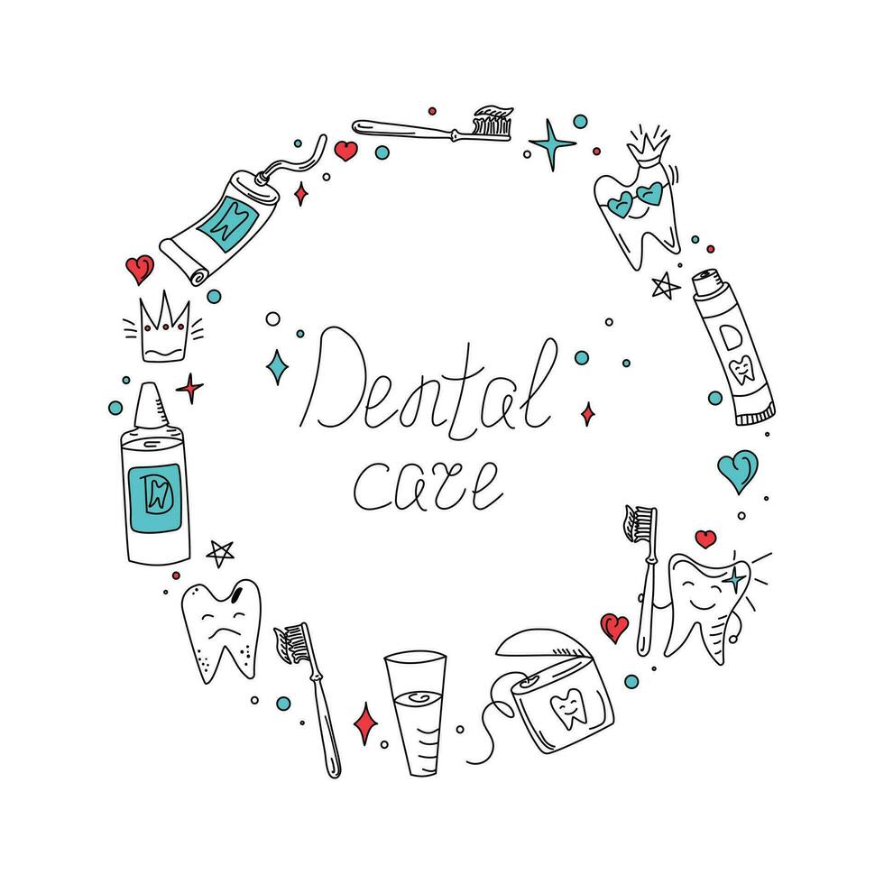 Dental vector set. Round border frame. Toothpaste, cartoon tooth, dental floss and toothbrush in doodle style. Line icons. Dental care.