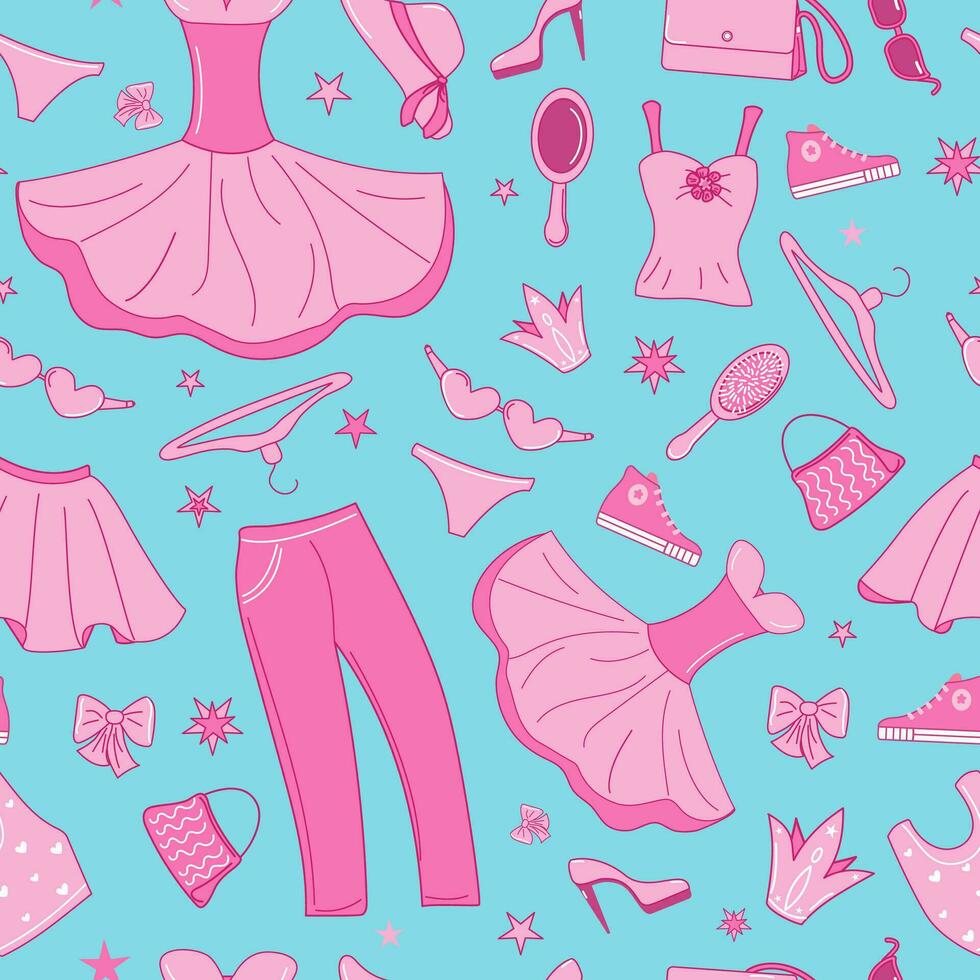 Pattern  doll accessories. Pink fashion, set. vector
