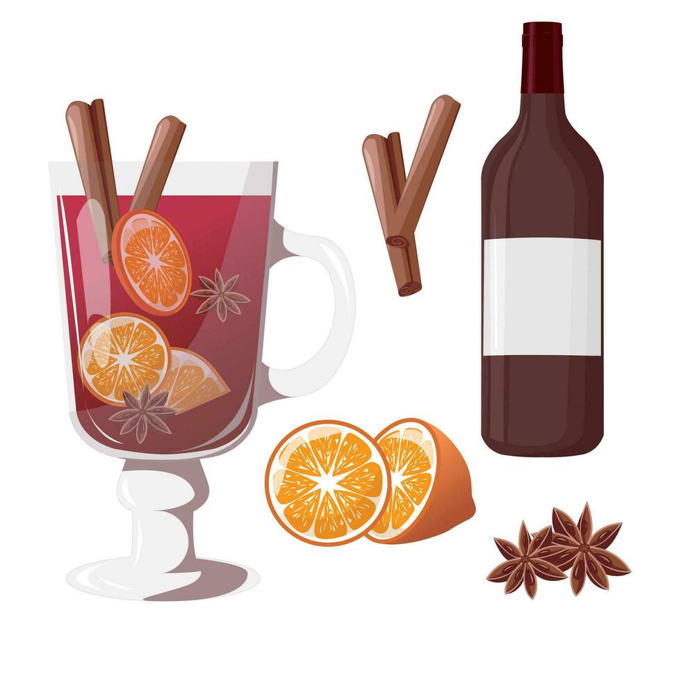 Mulled wine set. Mulled wine with glass drink and  orange, cinnamon, wine  bottle, star anise vector