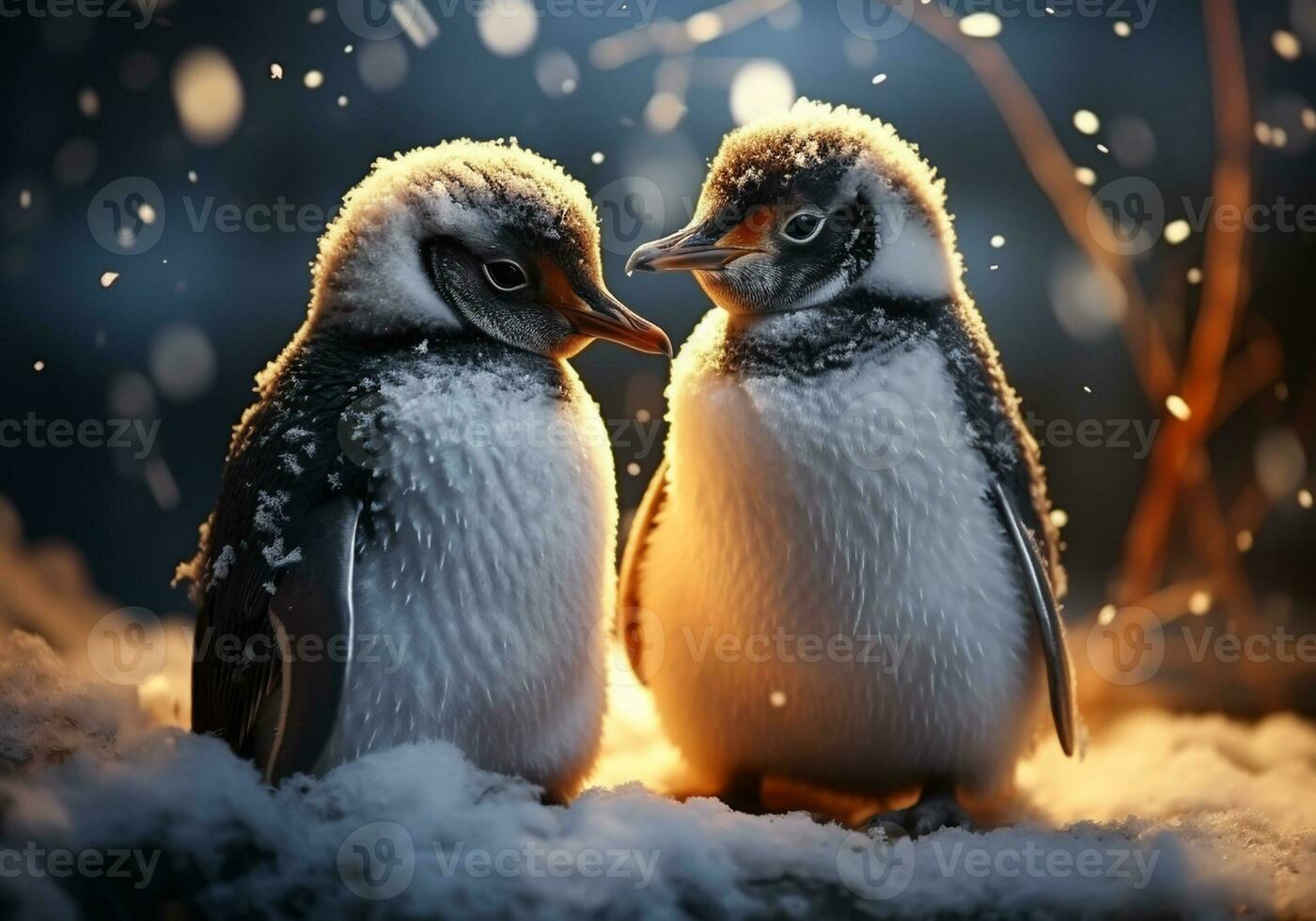 AI generated Penguins in the snow in winter landscape with falling snow photo