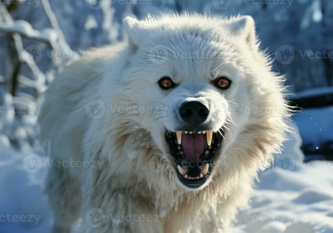 AI generated Fierce and angry arctic white wolf in winter landscape with falling snow photo
