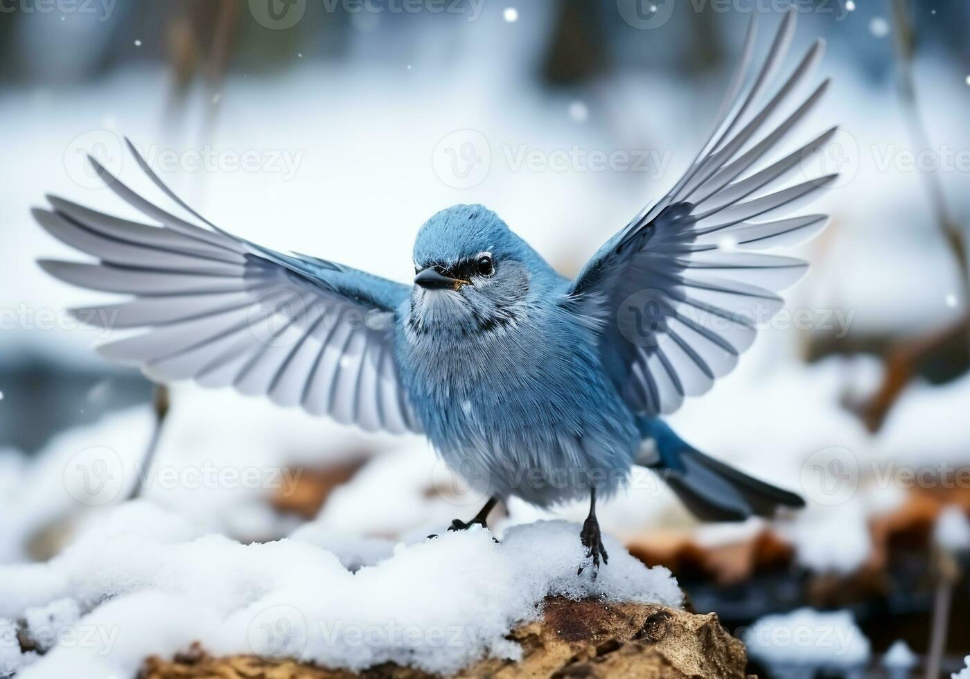 AI generated Little blue bird landing on the snow in winter landscape with falling snow photo