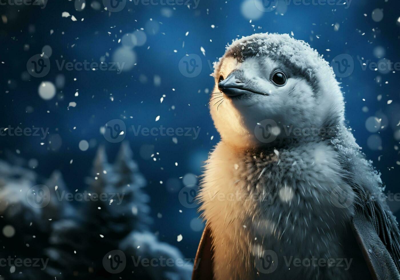 AI generated Penguins in the snow in winter landscape with falling snow photo