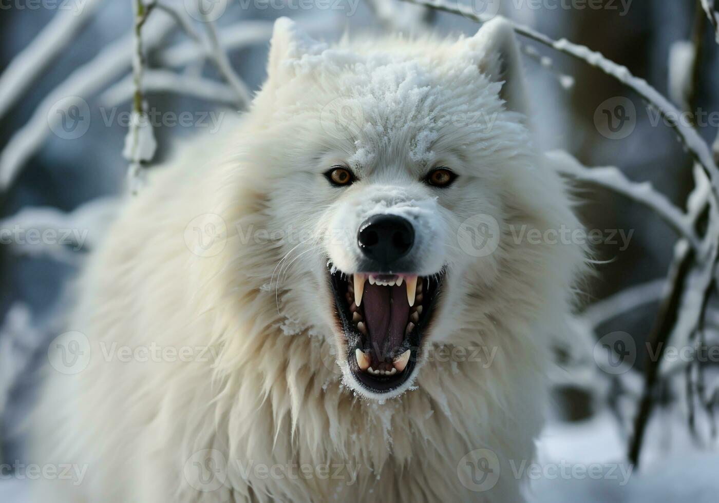 AI generated Fierce and angry arctic white wolf in winter landscape with falling snow photo