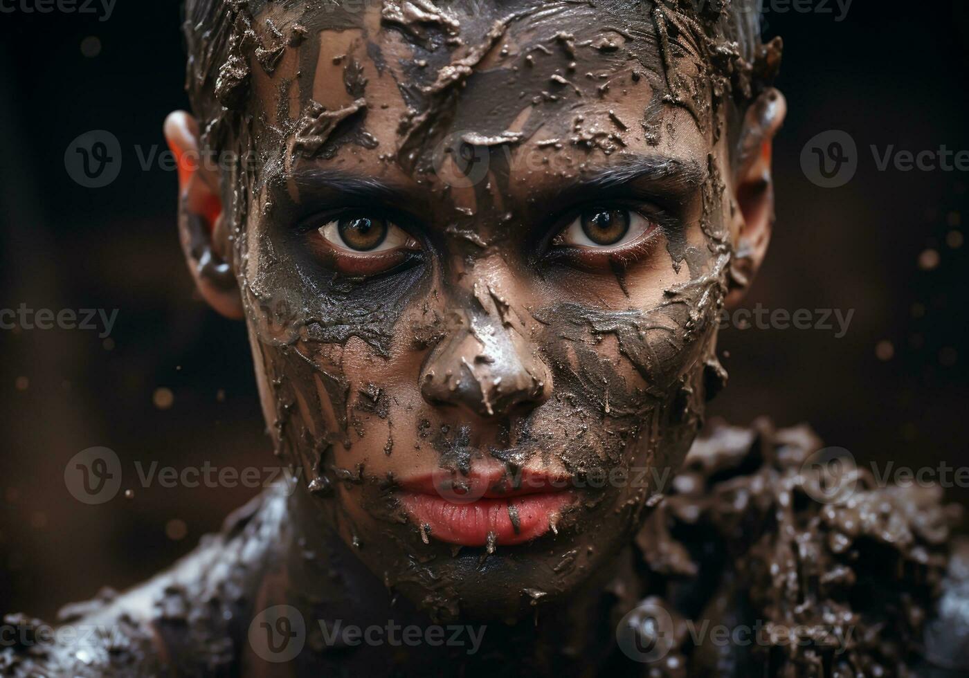 AI generated Man in casual clothes and face covered with mud photo