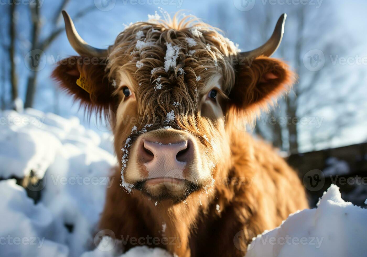 AI generated Scottish cow in winter landscape with falling snow photo