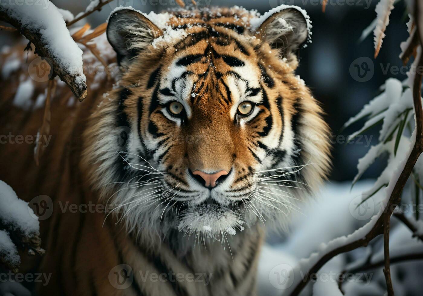 AI generated Huge Siberian tiger in winter landscape with falling snow photo