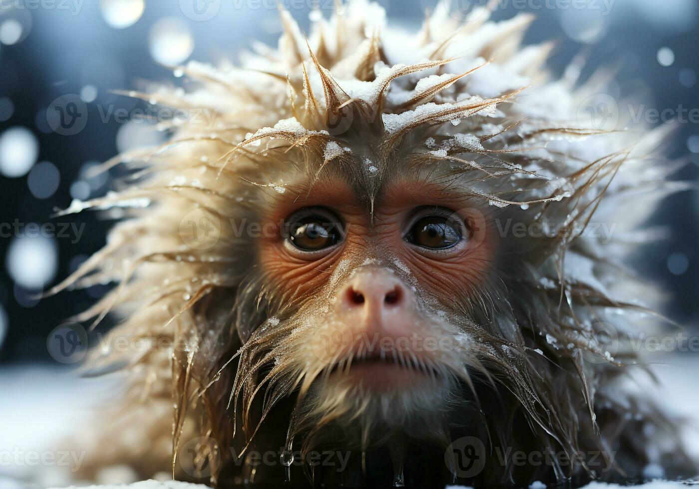 AI generated Cute baby monkey in winter landscape with falling snow photo