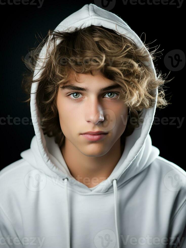 AI generated Young teenager wearing a white hoodie. Casual fashion photo