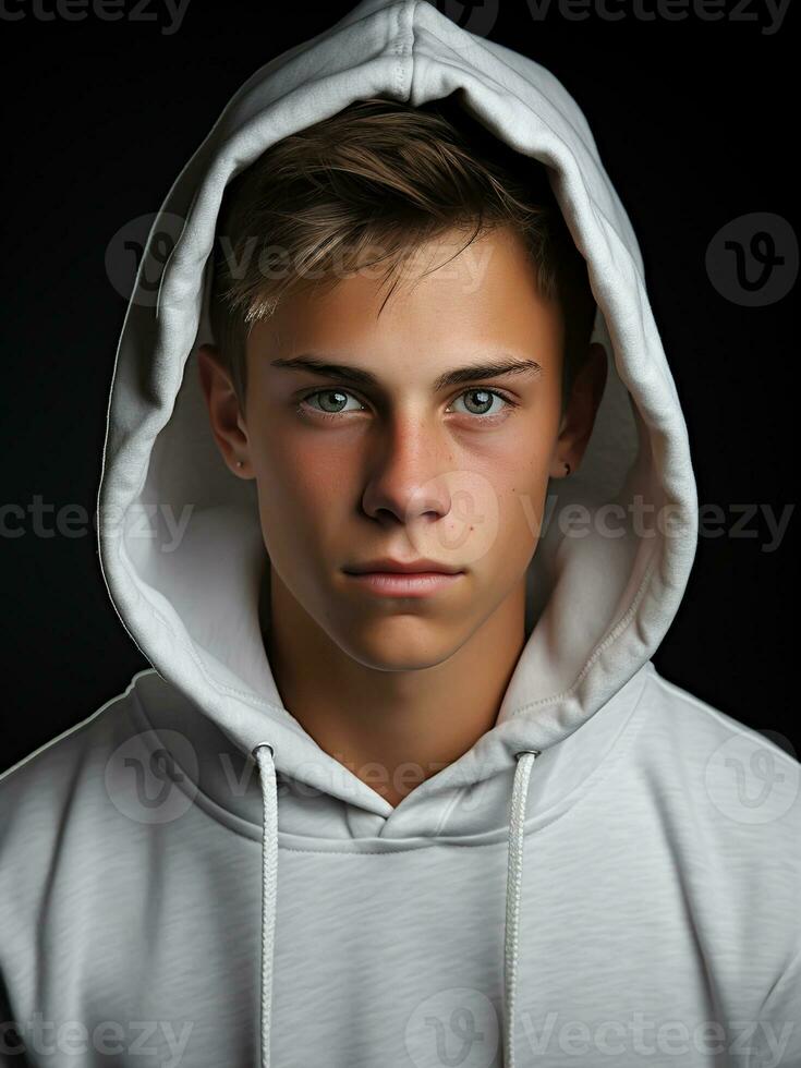 AI generated Young teenager wearing a white hoodie. Casual fashion photo