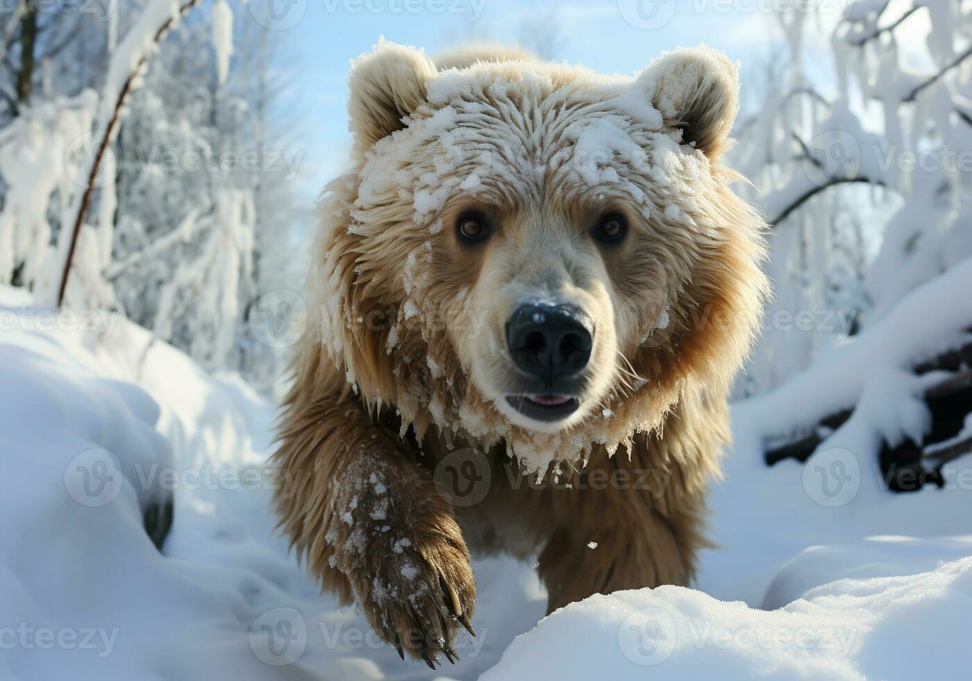 ai generado enorme marrón oso en invierno paisaje con que cae nieve foto