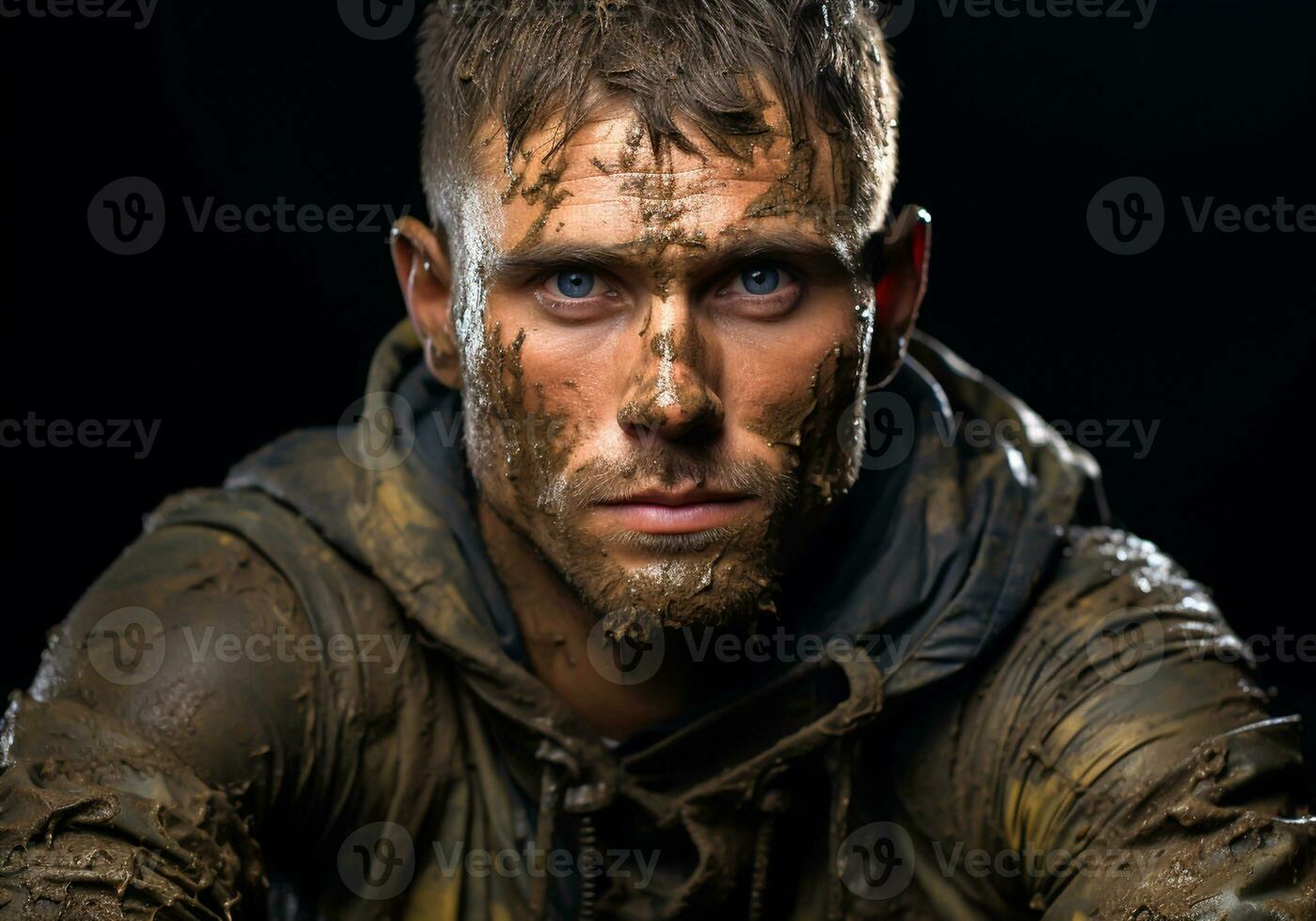 AI generated Man in casual clothes and face covered with mud photo