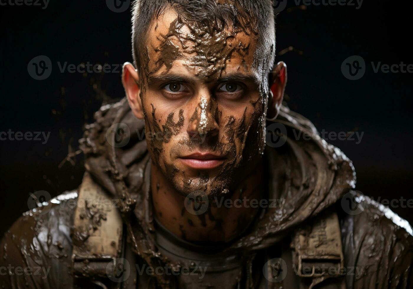 AI generated Man in casual clothes and face covered with mud photo