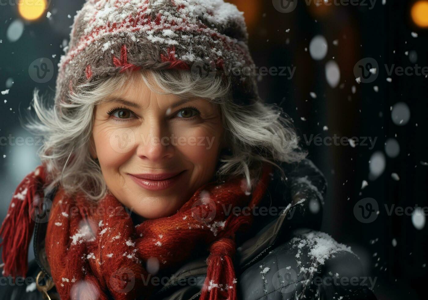 AI generated Elderly woman dressed warmly in a woolen hat and scarf on the street with falling snow. Winter time. photo
