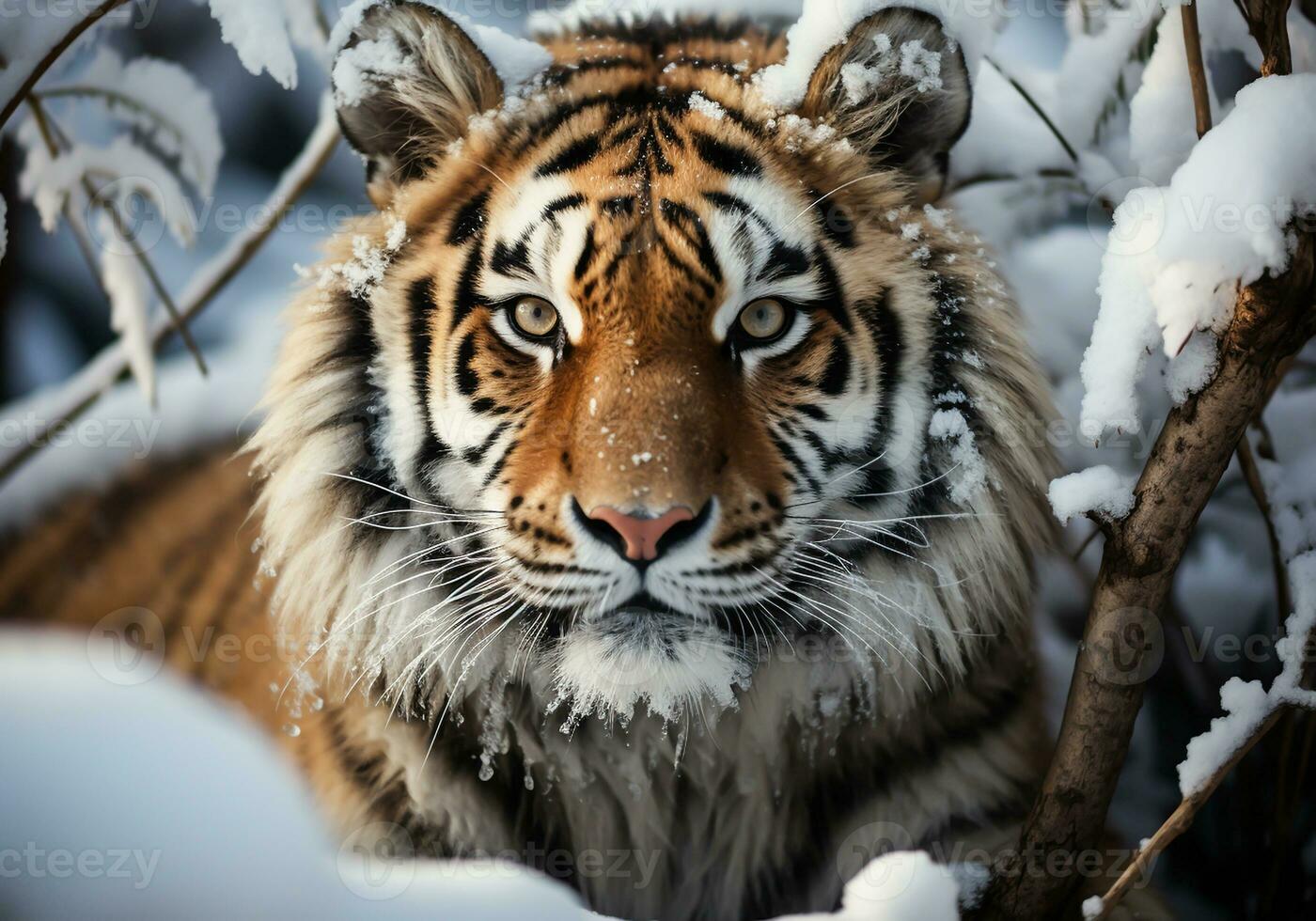 AI generated Huge Siberian tiger in winter landscape with falling snow photo