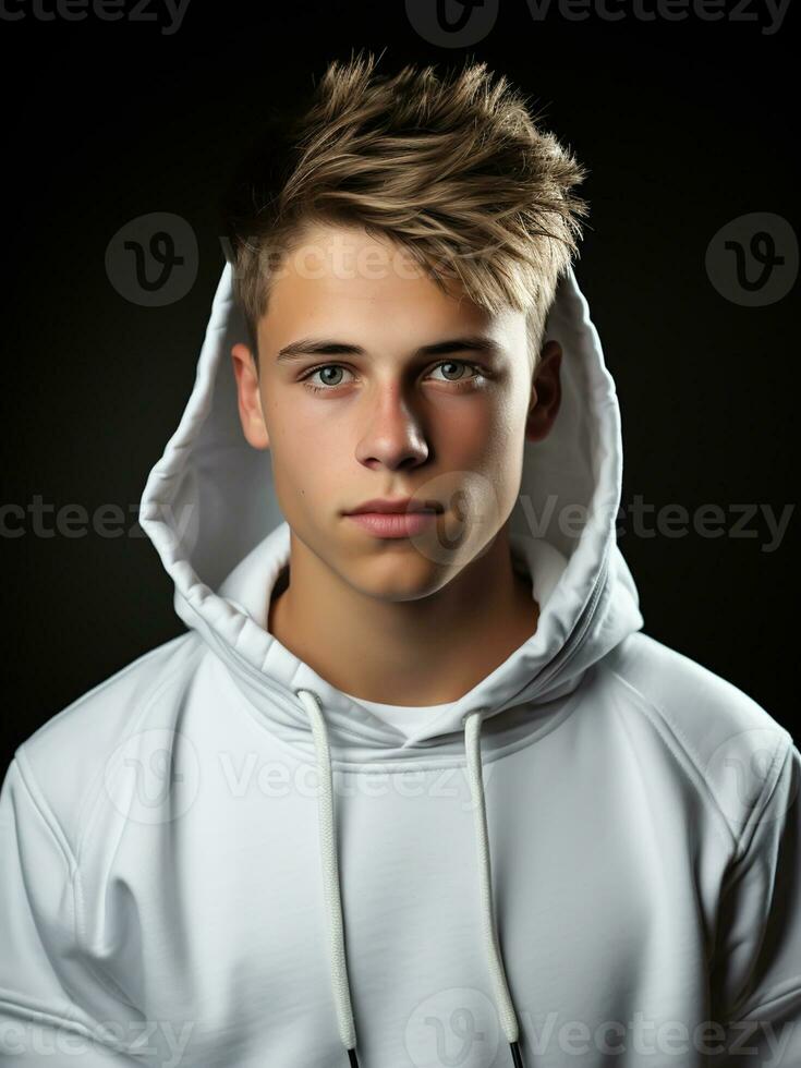 AI generated Young teenager wearing a white hoodie. Casual fashion photo