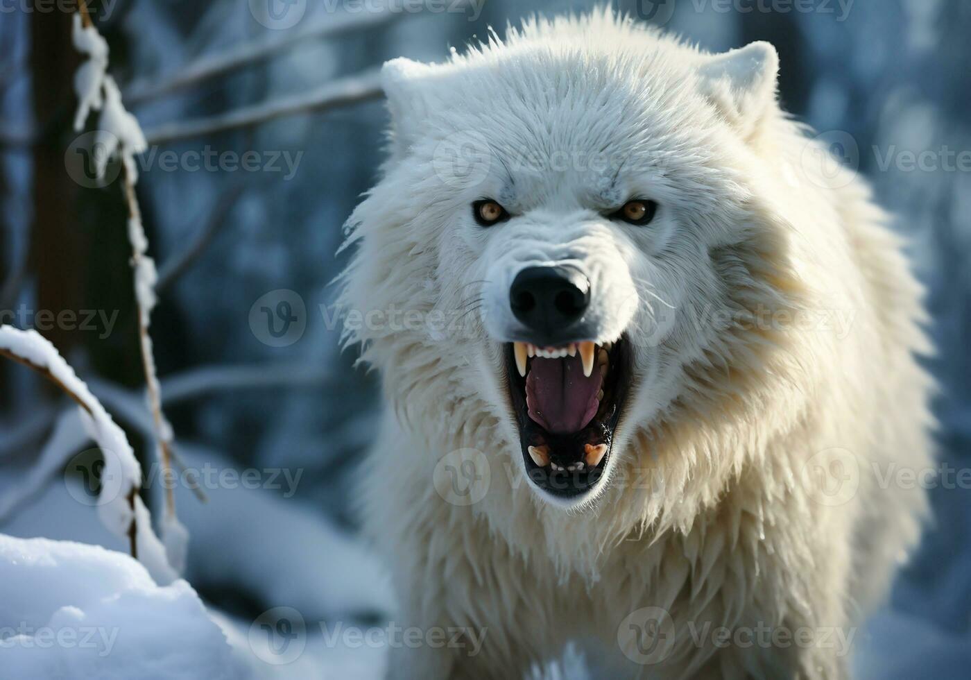 AI generated Fierce and angry arctic white wolf in winter landscape with falling snow photo