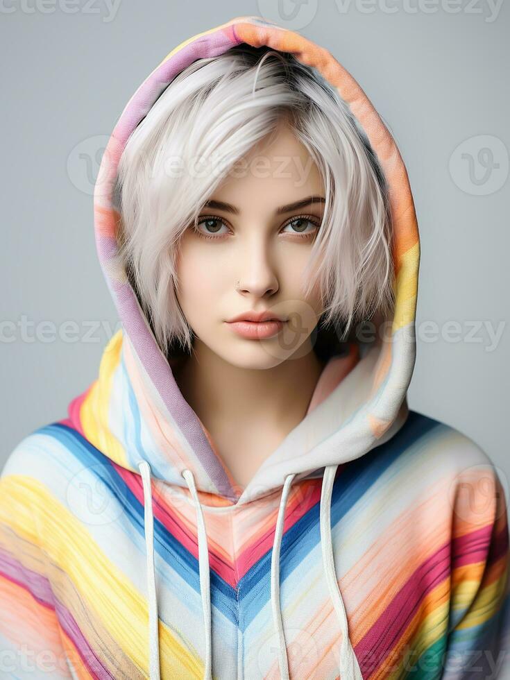 AI generated Young teenager wearing a colorful hoodie. Casual fashion photo